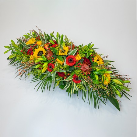 Bouquet allongée jaune orange et rouge - Pour deuils et obsèques